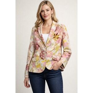Ann Taylor Floral Linen Blazer Pink Yellow Cottagecore Garden Party 14P